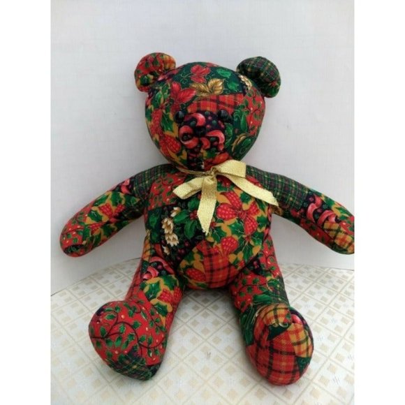 Crafty Lady Bear Sitting Stuffed Animal Plush Vintage X-mas Floral Pattern- Rare - Picture 1 of 8